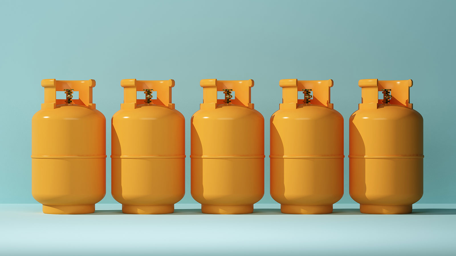 row of orange lpg gas tanks with copy space. 3d rendering
