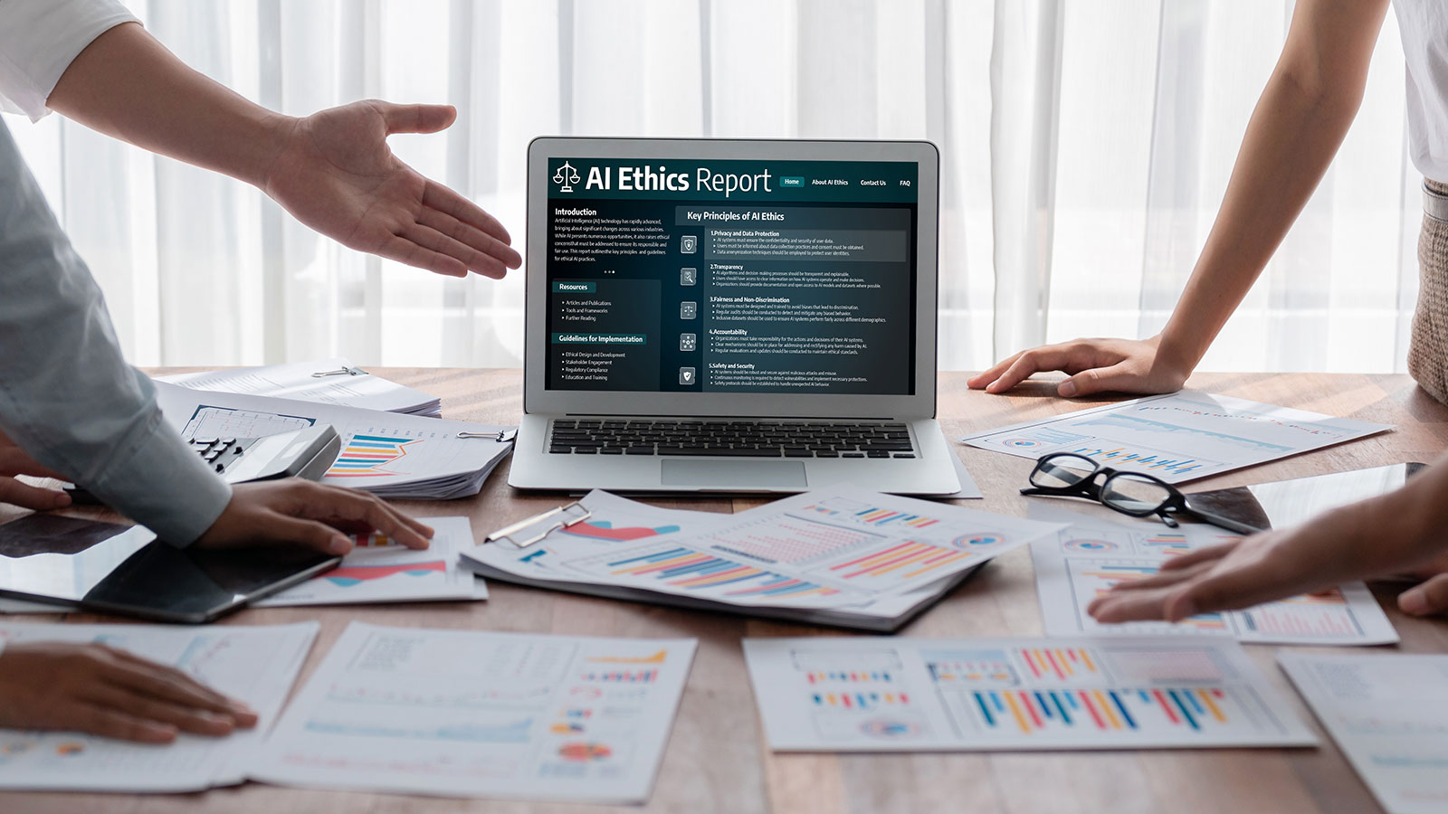 AI ethics responsibility standard law and rules on computer screen provide report of AI ethic transparency preventing technology crime