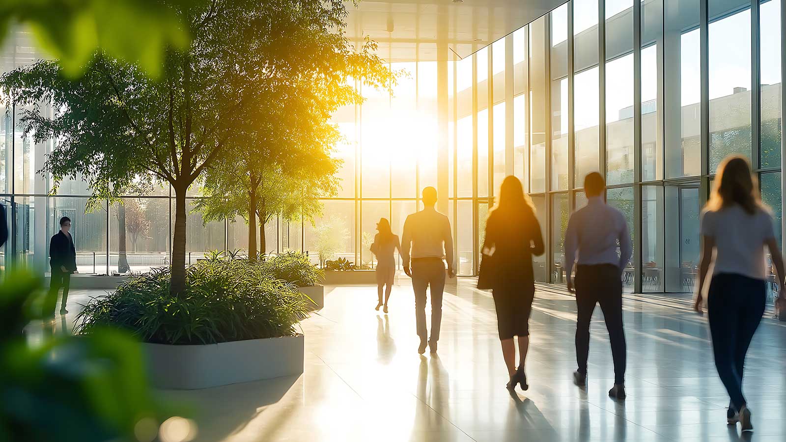 Blurred background of people walking in a modern office building with green trees and sunlight