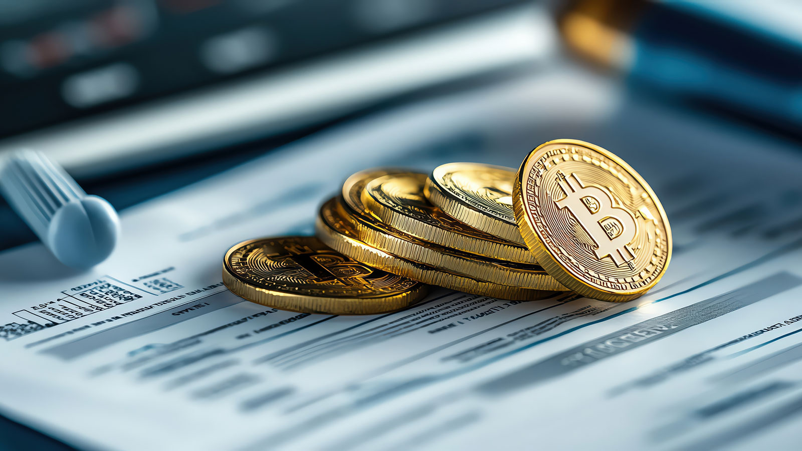 Close-up of Bitcoin coins stacked on financial documents, symbolizing investment and cryptocurrency trends in finance