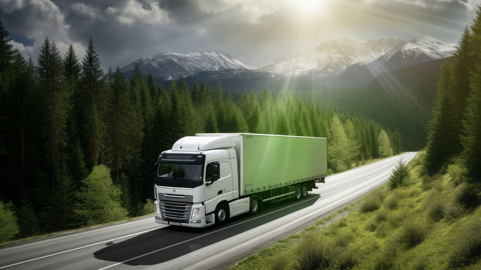 co-Friendly Journey A White Truck Drives Through the Lush Green Hills