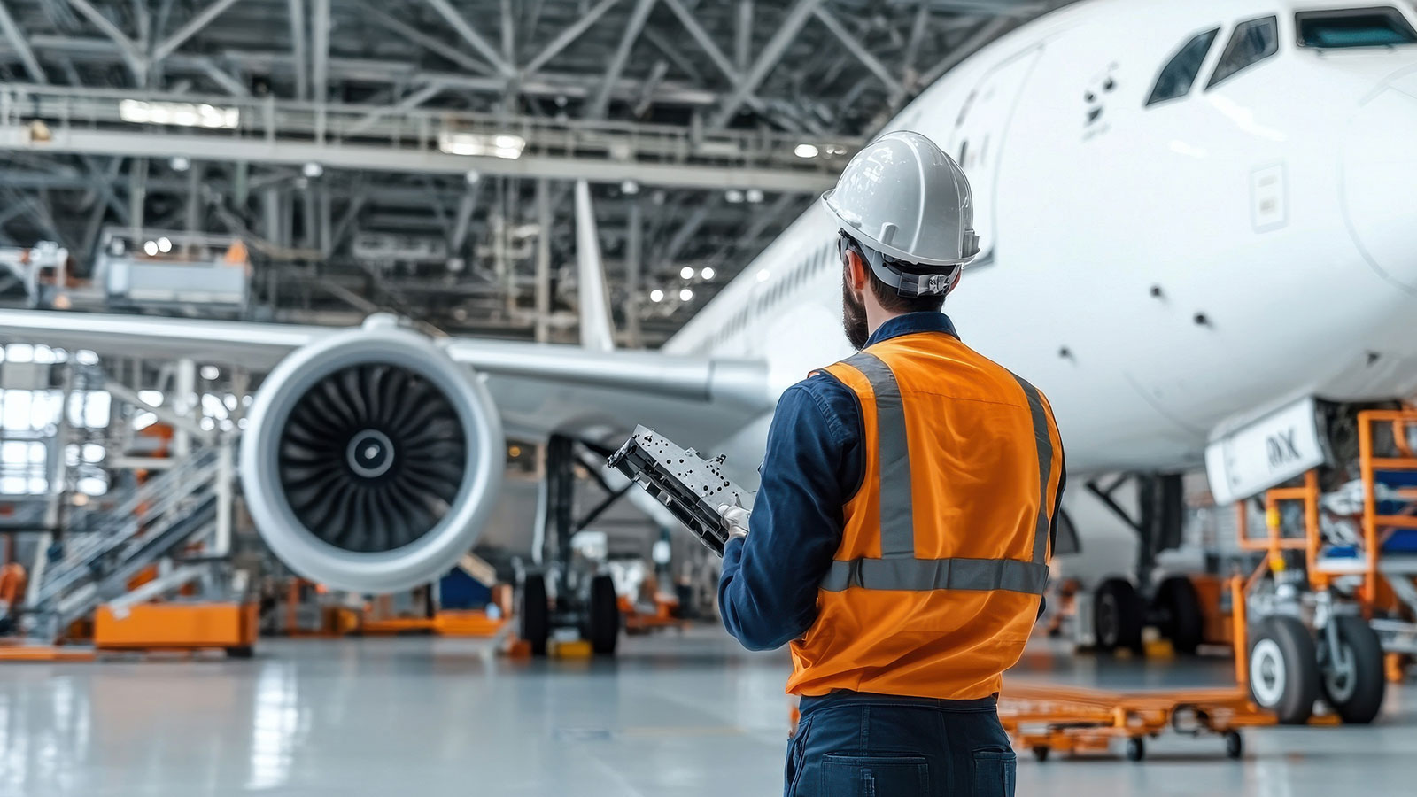Engineer worker back view inspecting the alignment of an airplane rudder in the depot