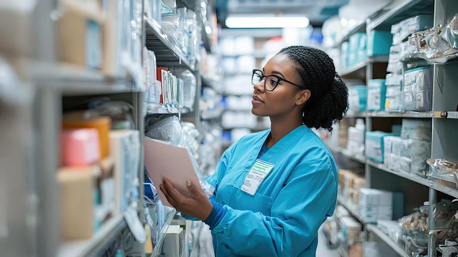 Healthcare worker checking inventory in a supply room
