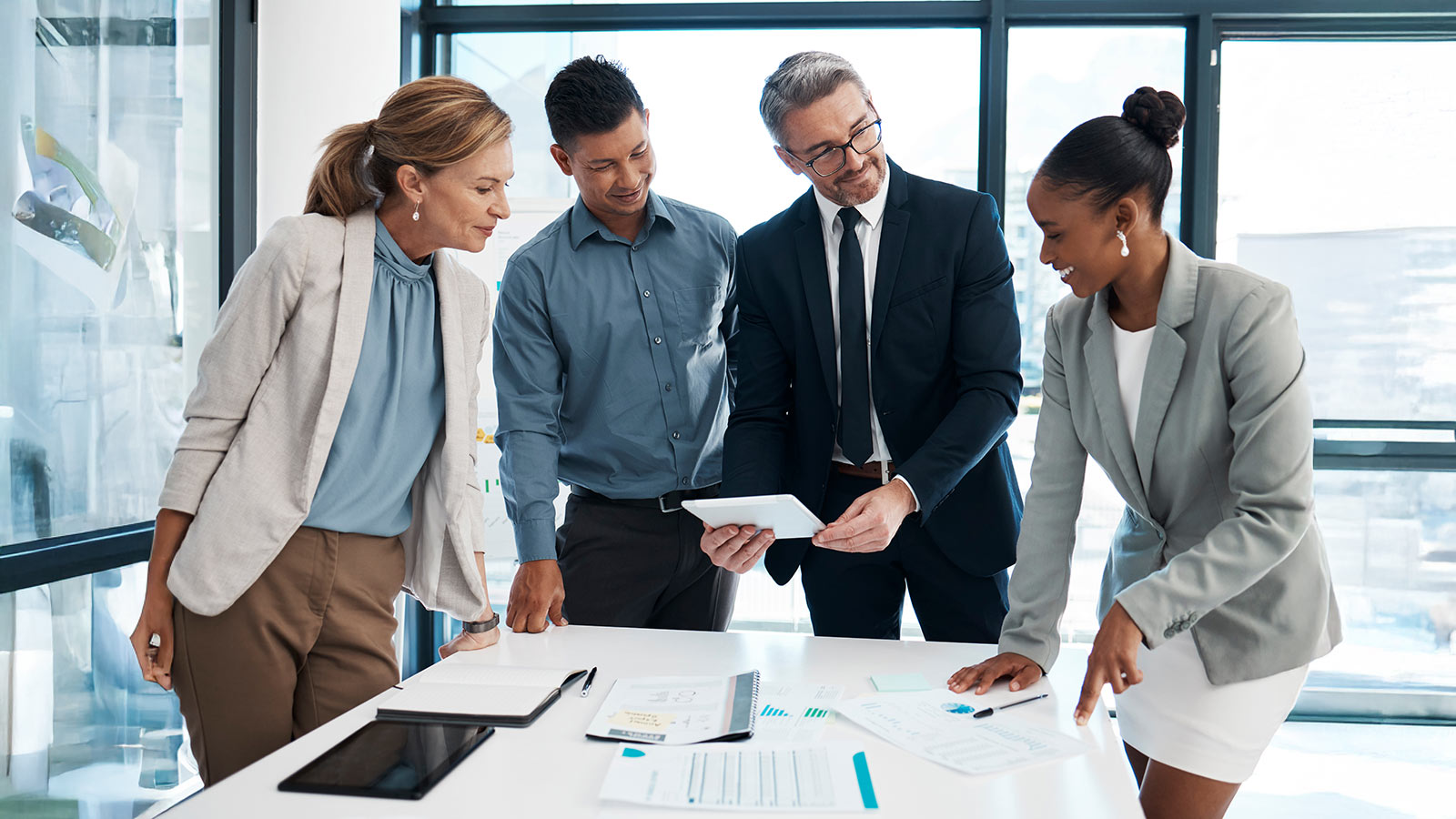 Leadership vision, collaboration and teamwork of a business team in an office work meeting