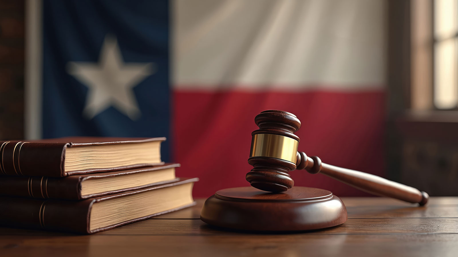 Texas state flag, gavel, books on wooden table, courthouse interior background