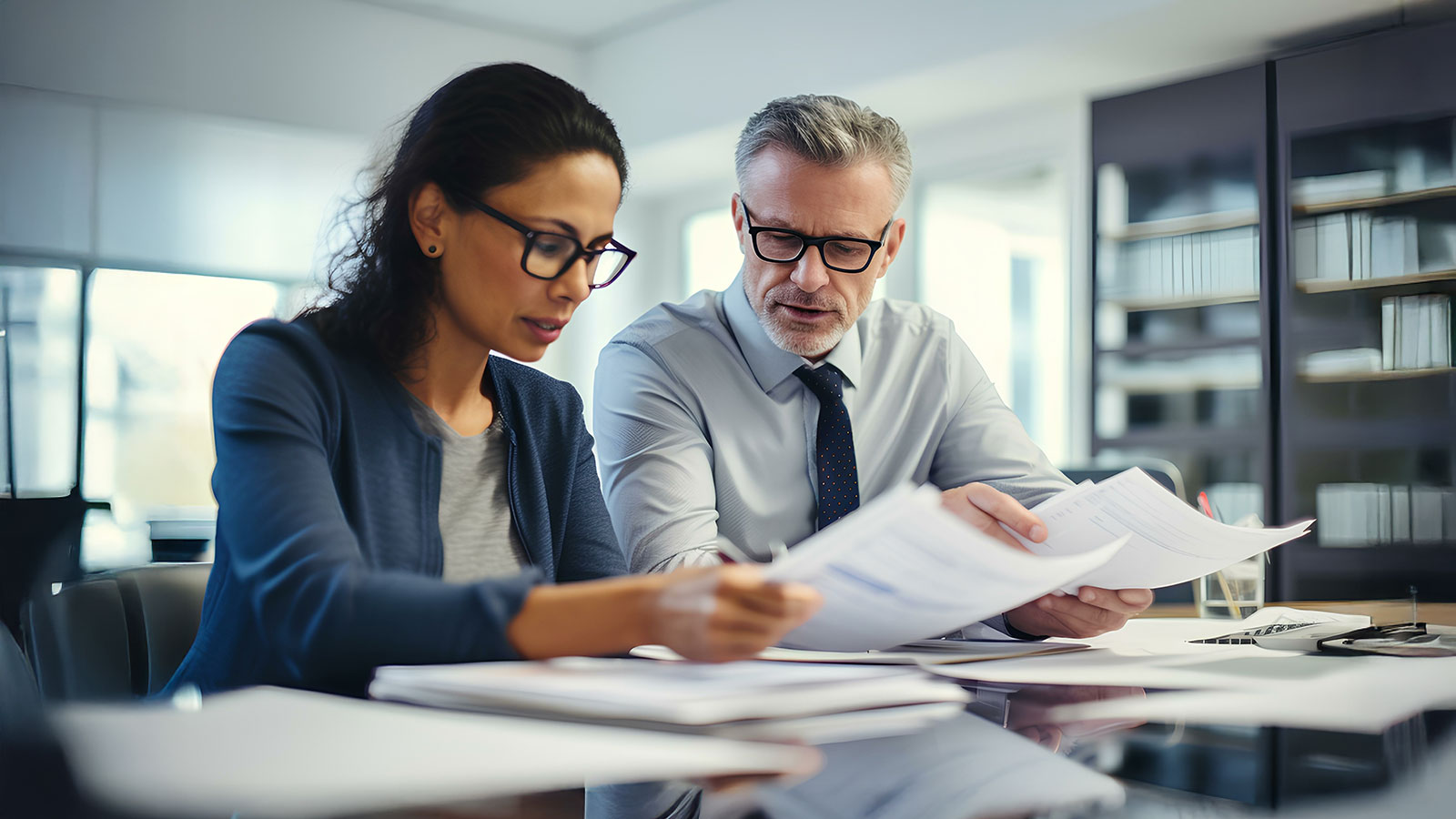 Two financial experts discussing accounting tax documents in office