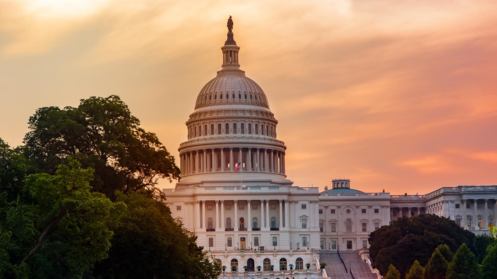 View of Capitol Hill in Washington DC in summer at sunset