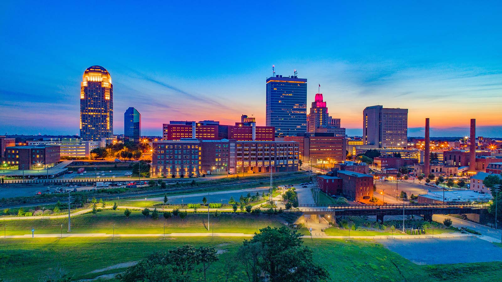 Winston-Salem North Carolina Downtown Skyline Aerial at Sunset
